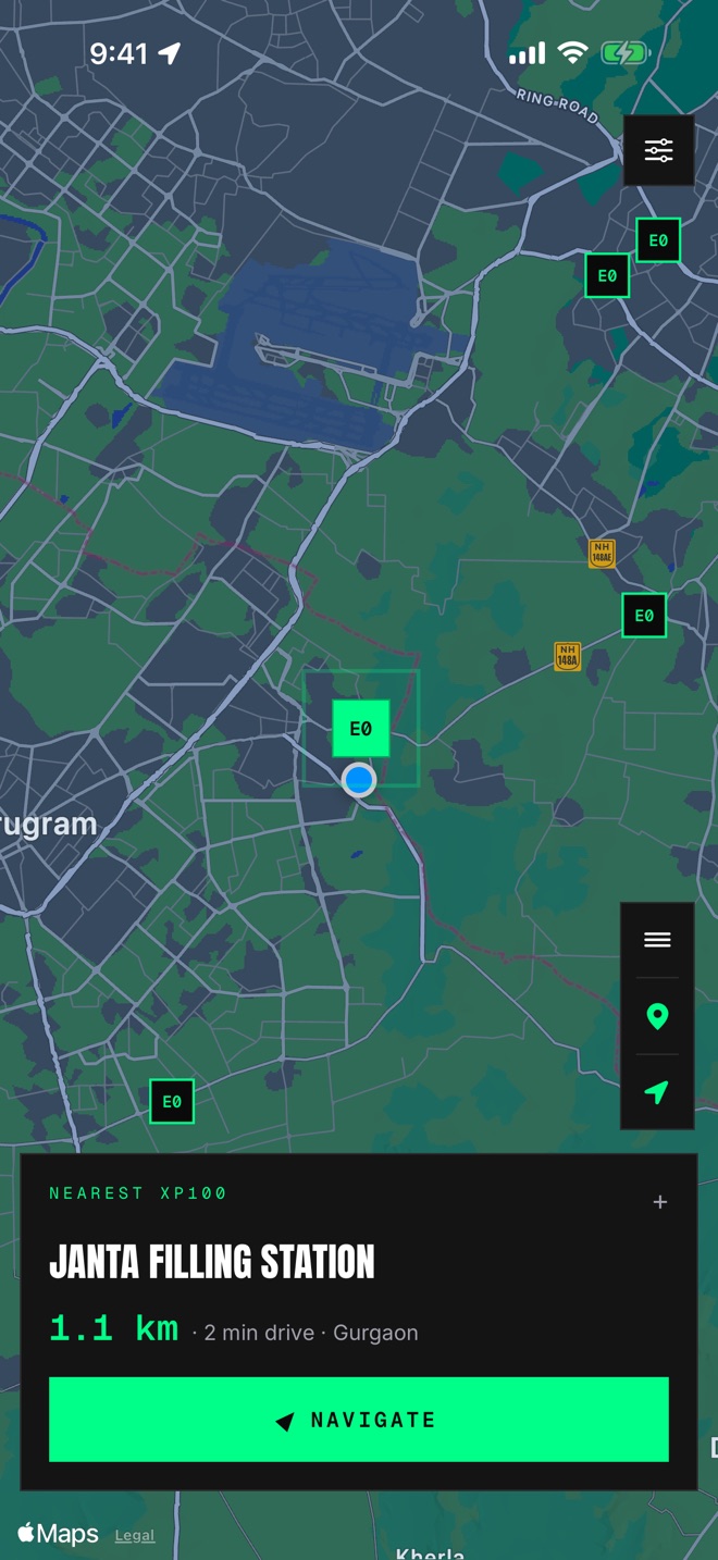 E-Zero showing the nearest XP100 pump on a dark map